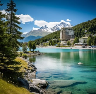 Beautiful daytime scenery of St. Moritz, Switzerland showcasing mountains, lake, and buildings in the background. Beautiful daytime scenery of St. Moritz, Switzerland showcasing mountains, lake, and buildings in the background.