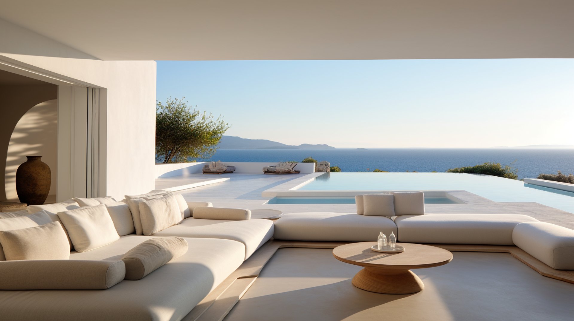 A modern white living room with ocean view.