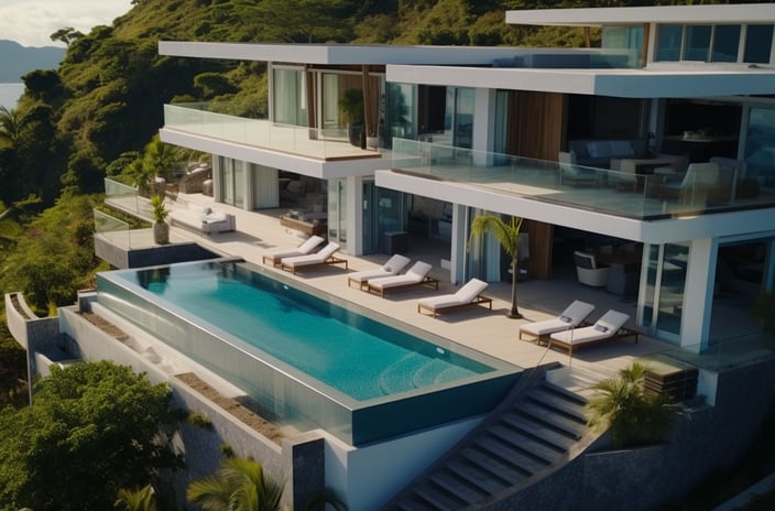 Aerial shot of luxury villa with infinity pool and scenic surroundings. Aerial shot of luxury villa with infinity pool and scenic surroundings.