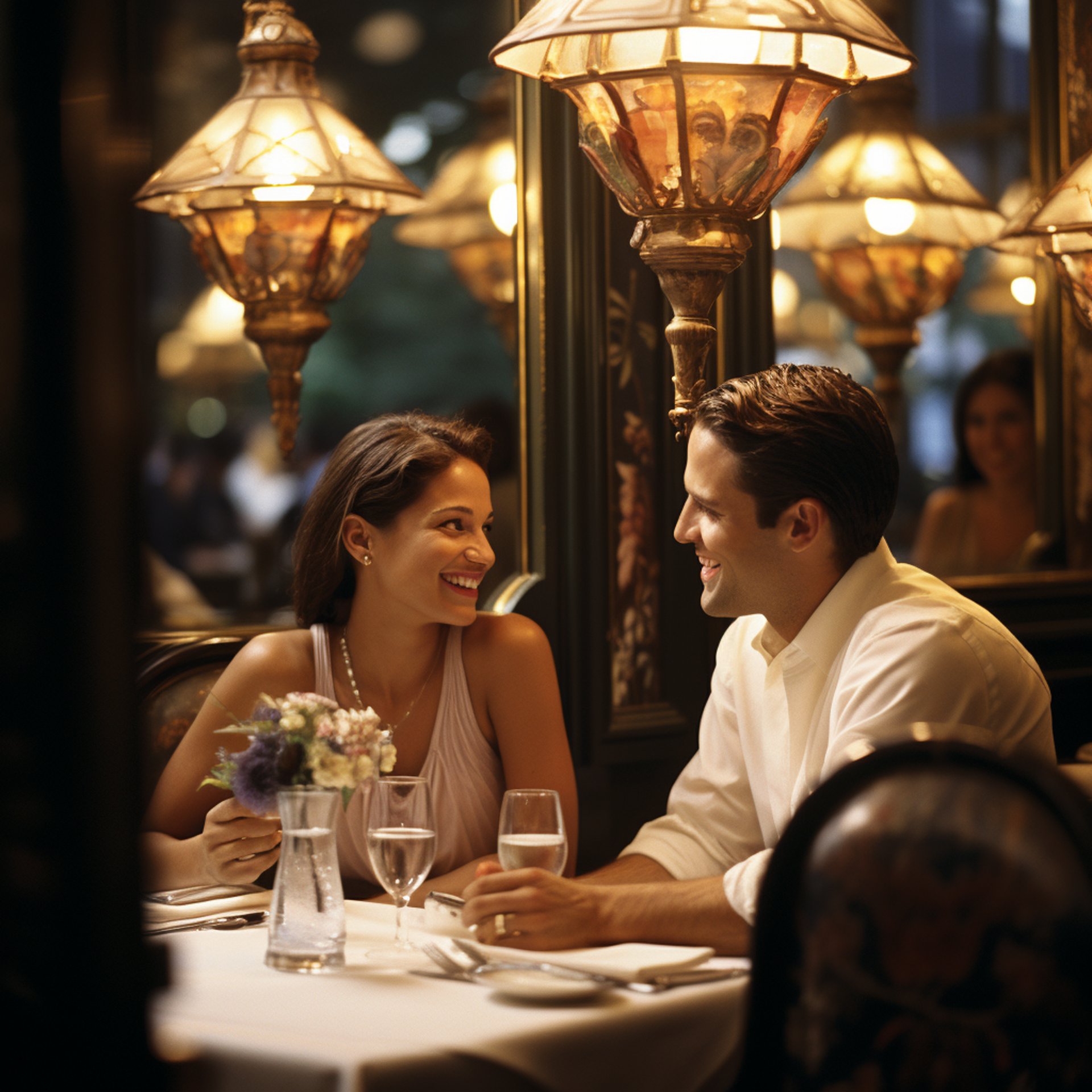 A couple sitting at a table, engaged in discussion.