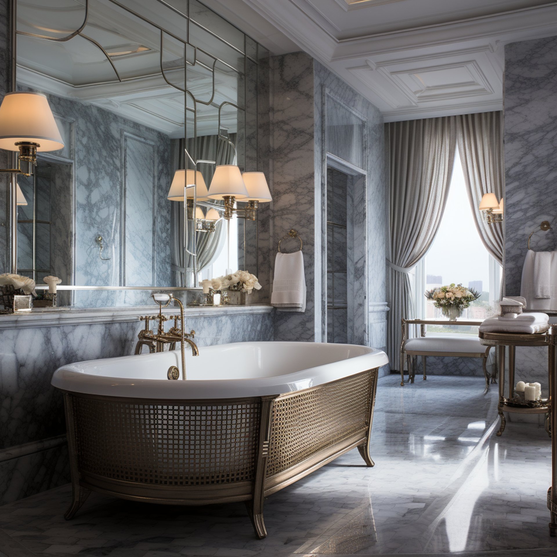 A grand bathroom with sleek marble walls and a modern tub.