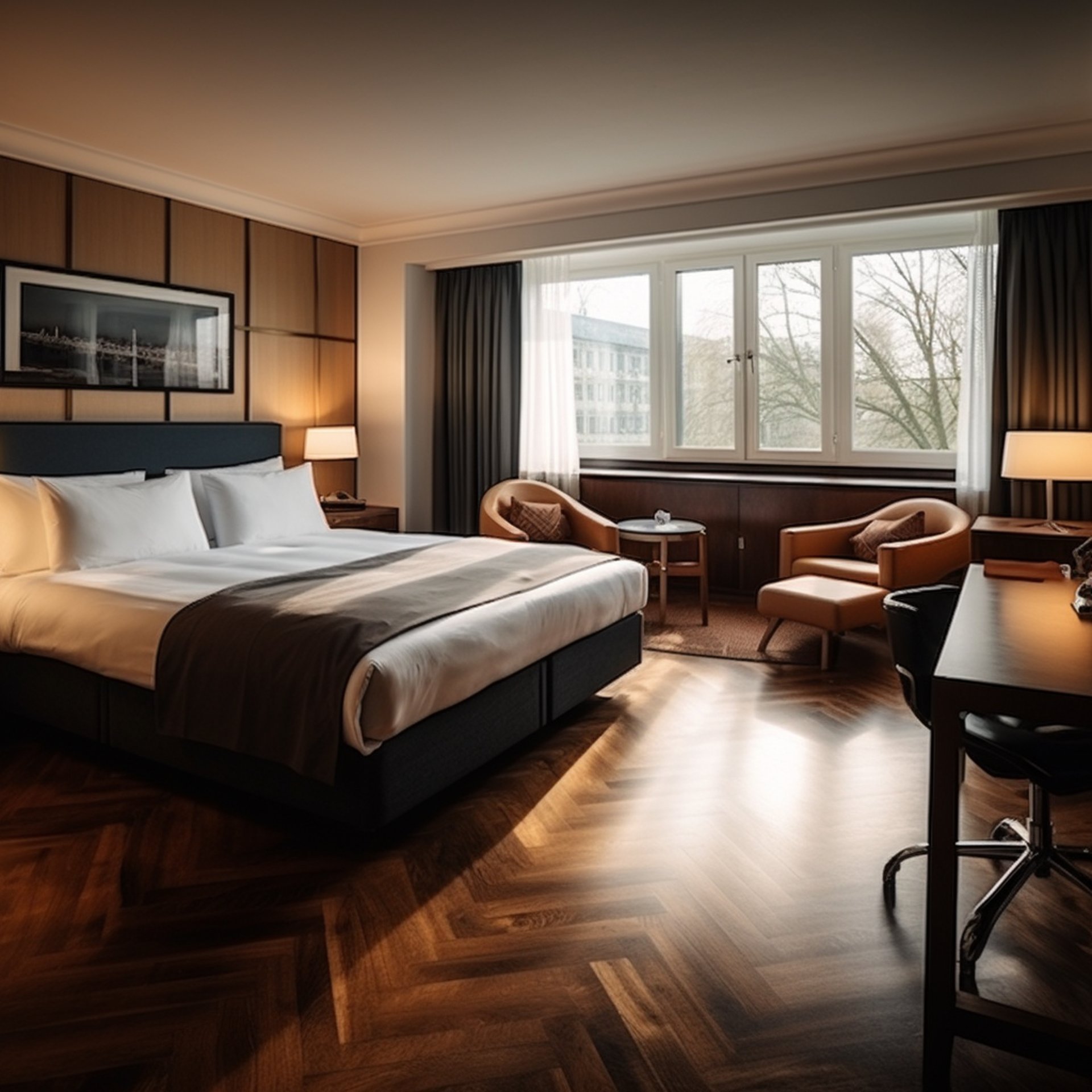 A hotel room with a neatly made bed, a comfortable chair, and a sleek desk.