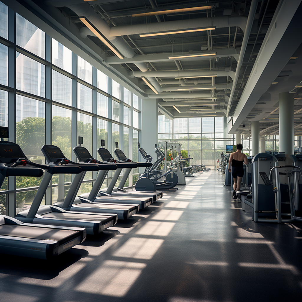 A person walking on a treadmill in a fitness center.