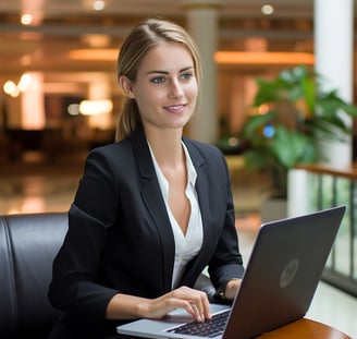 A woman in formal attire using a laptop while seated at a table.