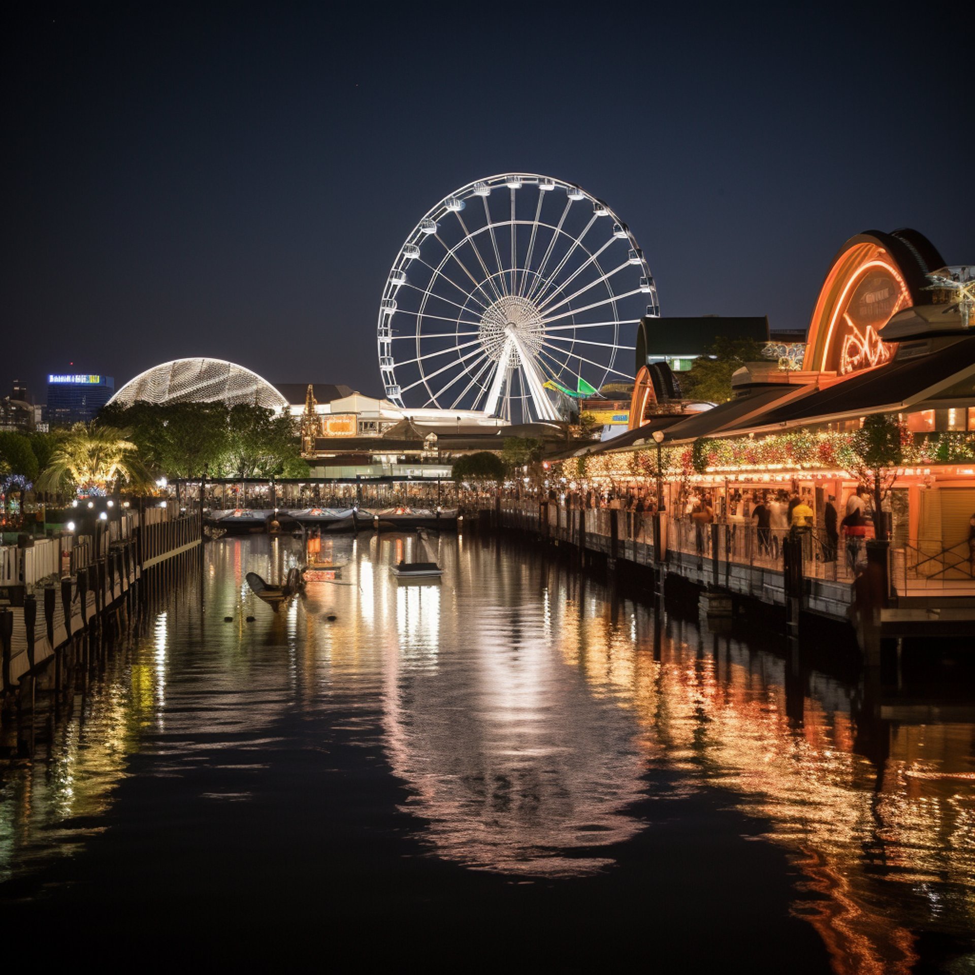 A lit-up ferris wheel and pier at night with colorful reflections on the water.
