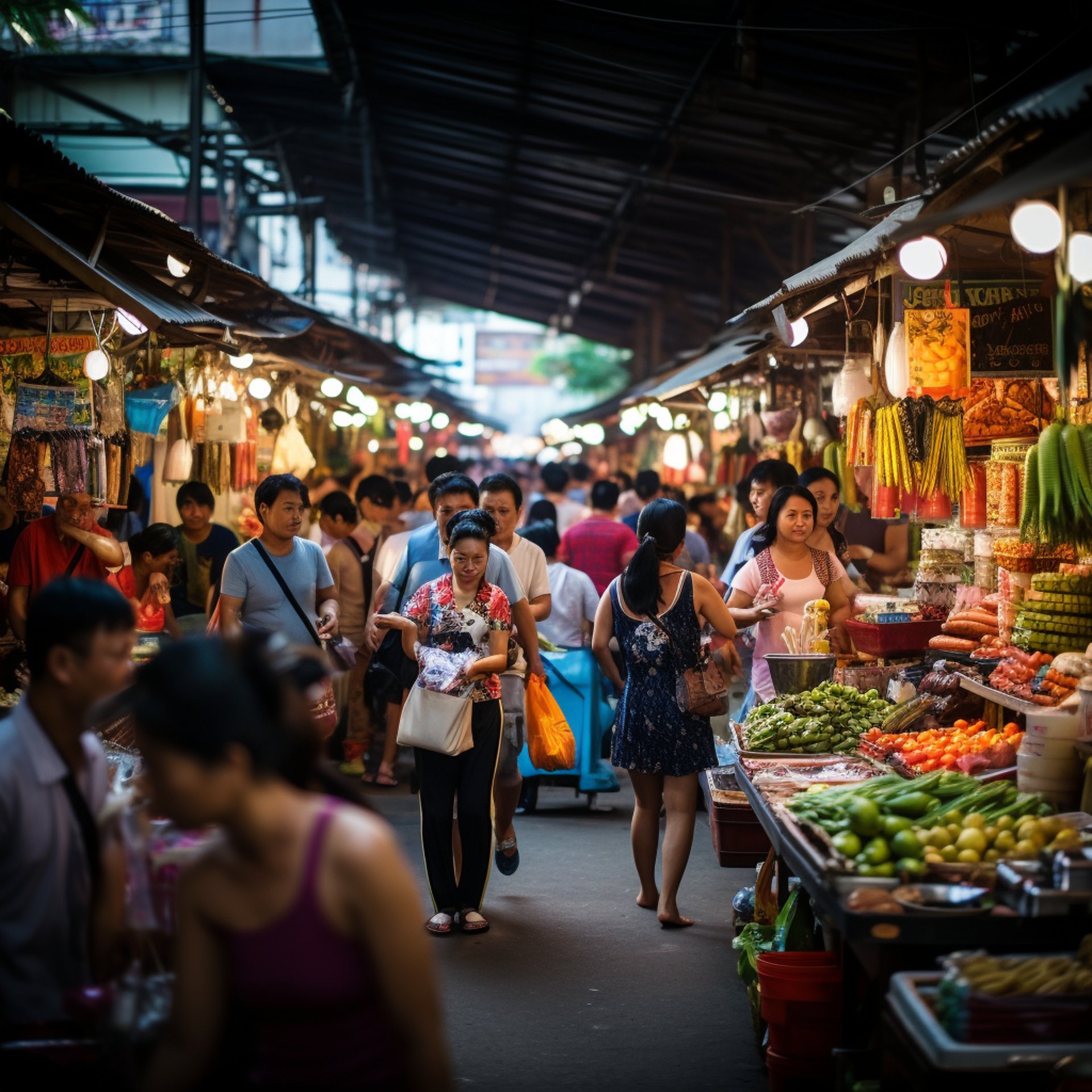 A bustling market scene with people browsing through a variety of fresh fruits and vegetables.