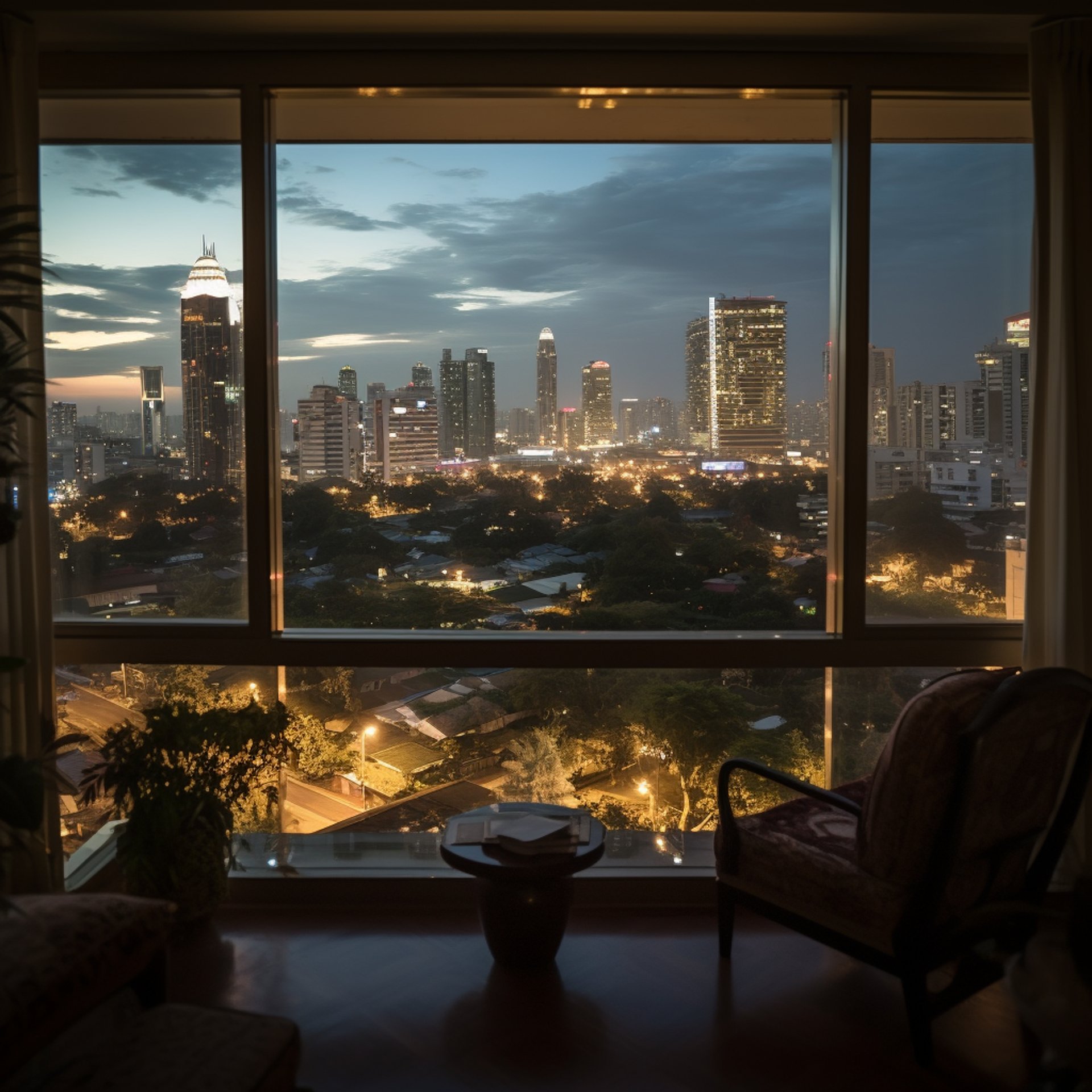 Cityscape seen through living room window