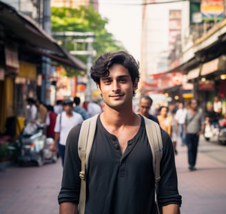 A young man standing in an urban street.