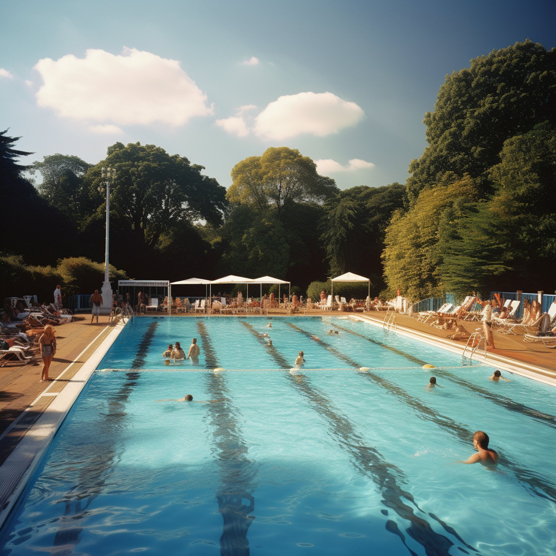 A serene blue pool reflecting the sky on a sunny day