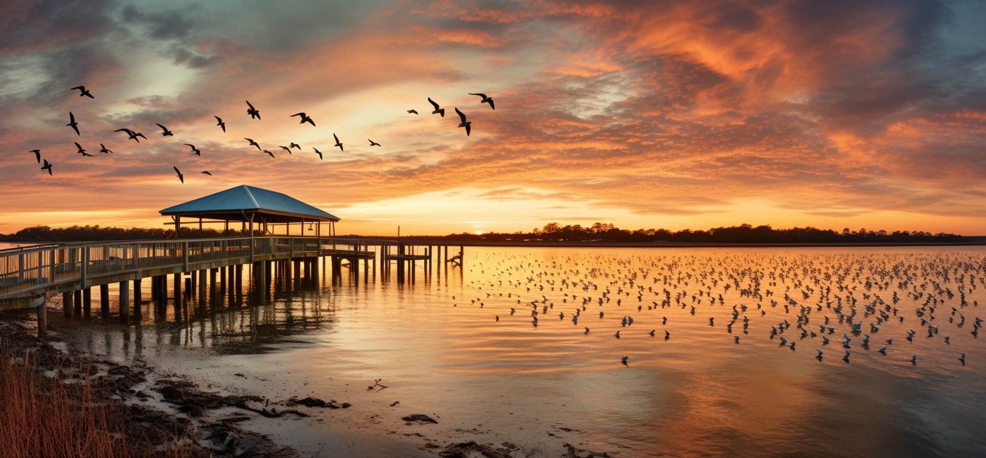 the boat dock at sunset in a lake with bird the boat dock at sunset in a lake with bird
