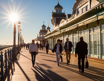 Tourists strolling along the Deauville boardwalk in Northern France's coastal area. Tourists strolling along the Deauville boardwalk in Northern France's coastal area.