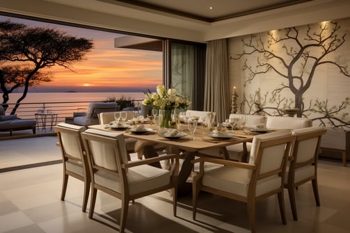 Villa with balcony in a coastal town at sunset. Villa with balcony in a coastal town at sunset.