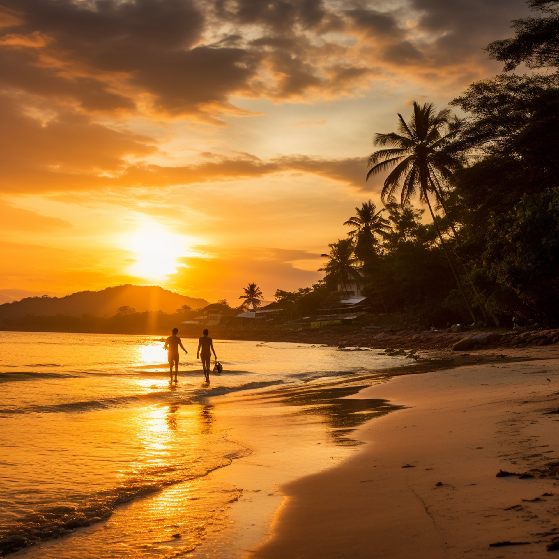Two individuals strolling along the shore during sunset.