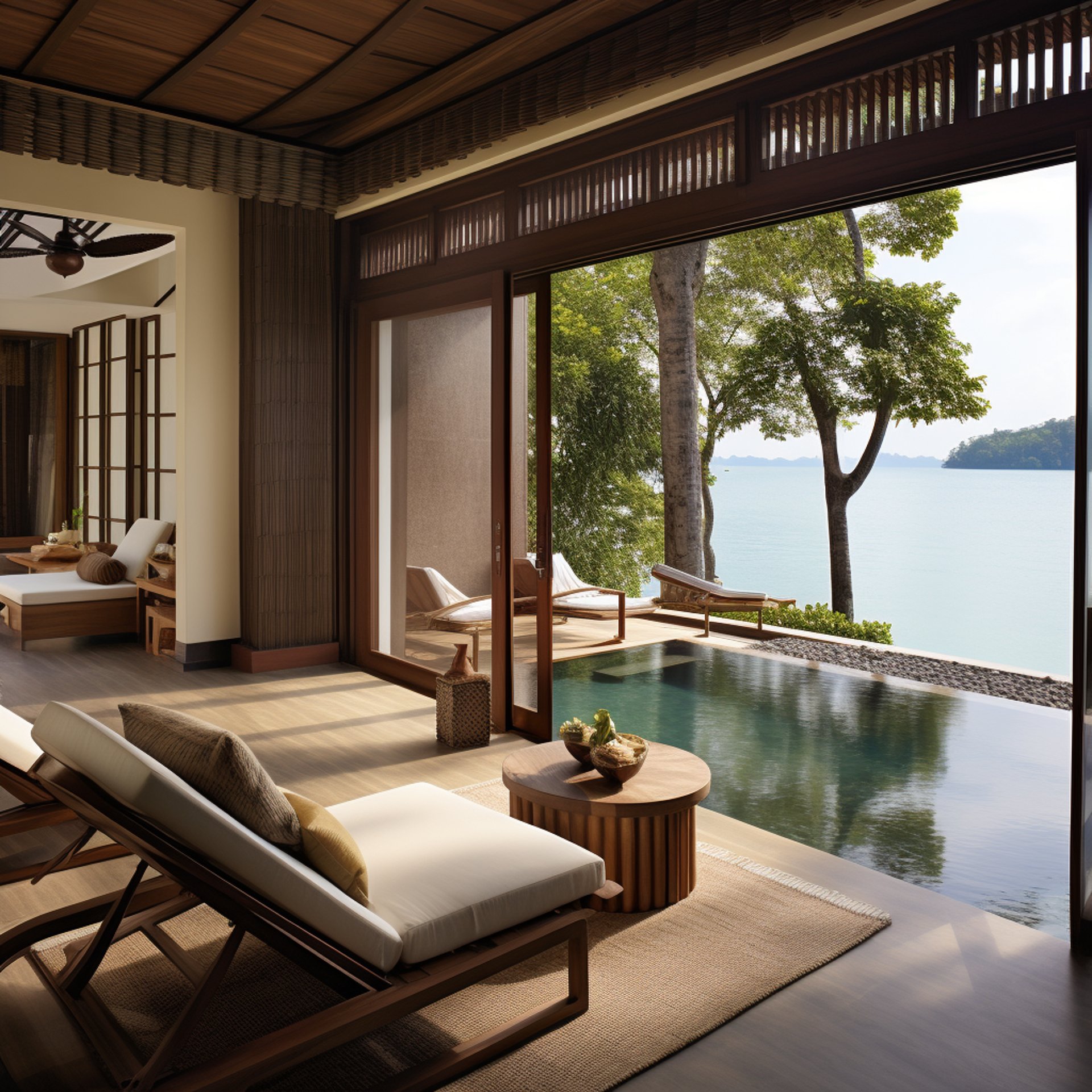 Spacious room with pool overlooking ocean.