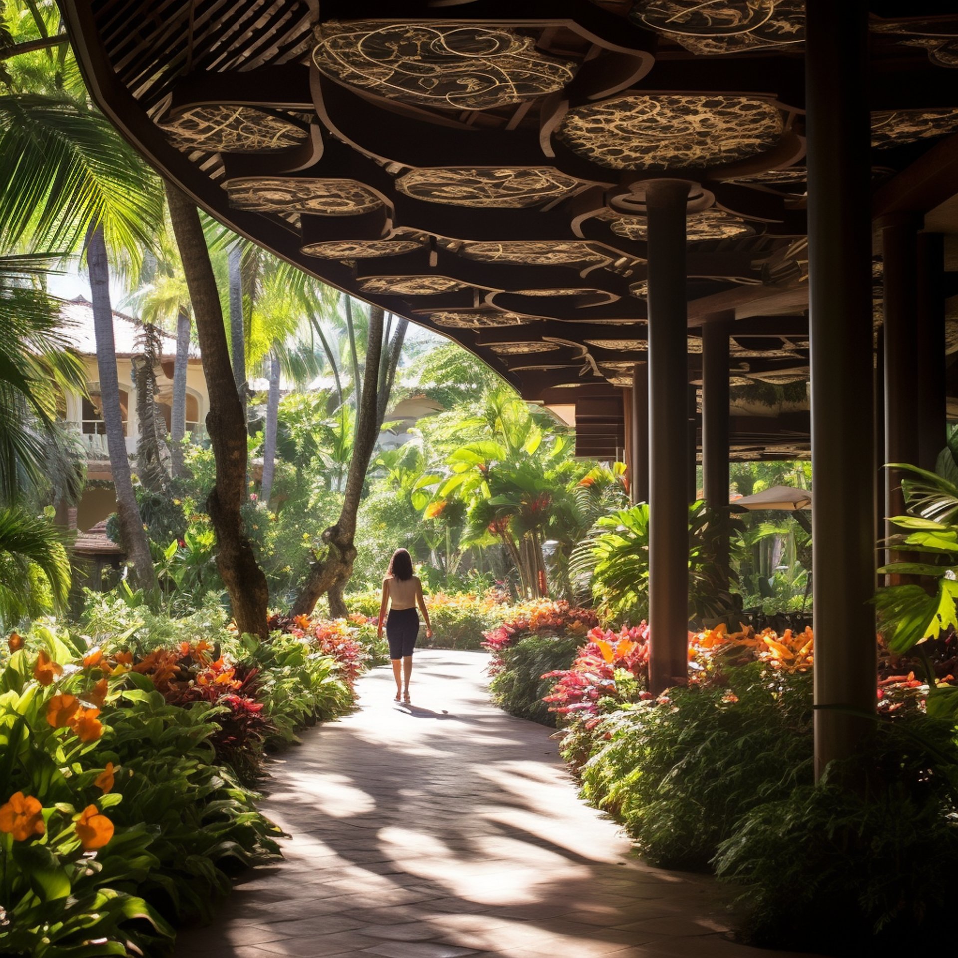 Woman strolling on tropical path, lush greenery all around.