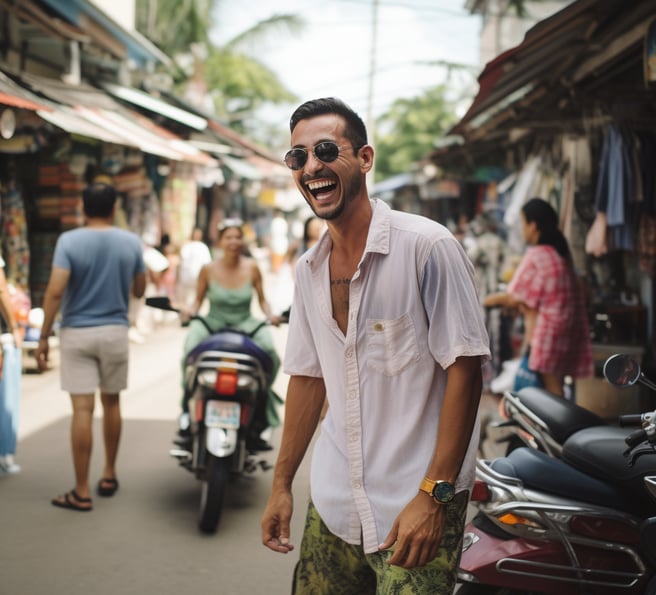 A man in sunglasses and a white shirt walking down a city street.