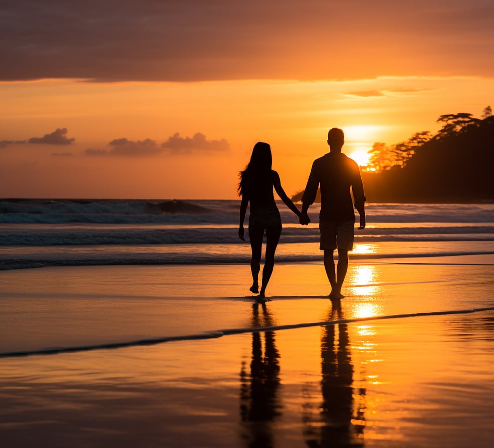 A romantic couple strolling on the beach as the sun sets in the background.