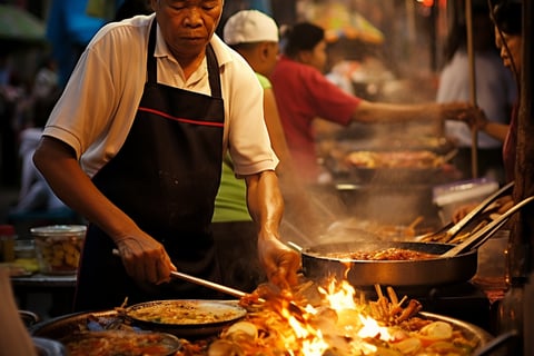 A man grilling food at a street food market.