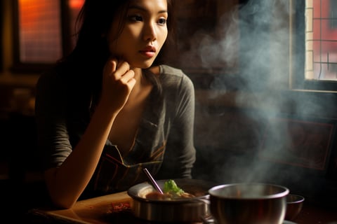 A woman sitting at a table with a bowl of food in front of her.