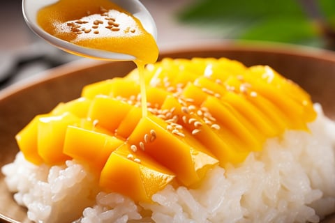 Mango sesame rice topped with sesame seeds and drizzled with sesame oil.