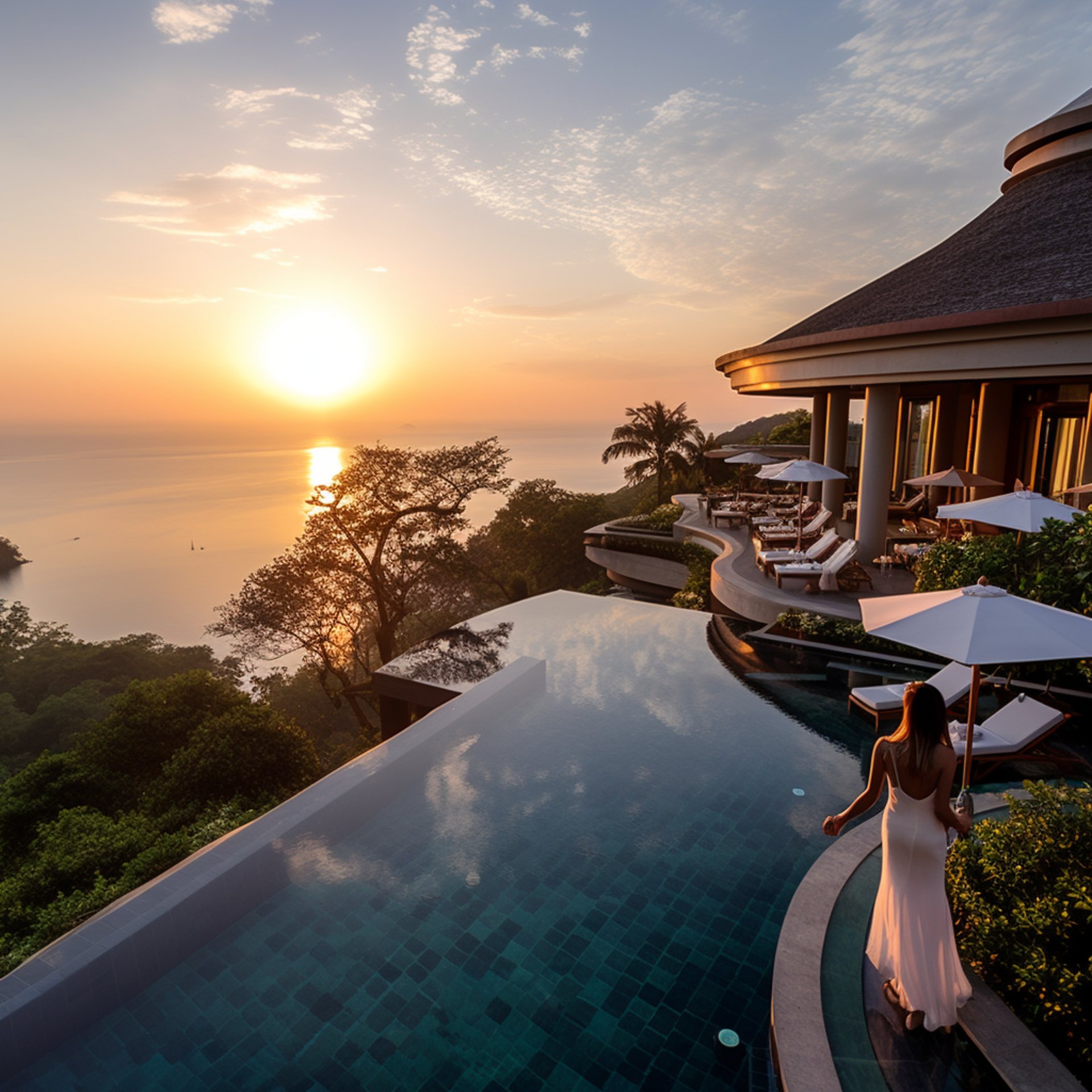 A woman standing at pool's edge, gazing at the vast ocean ahead.