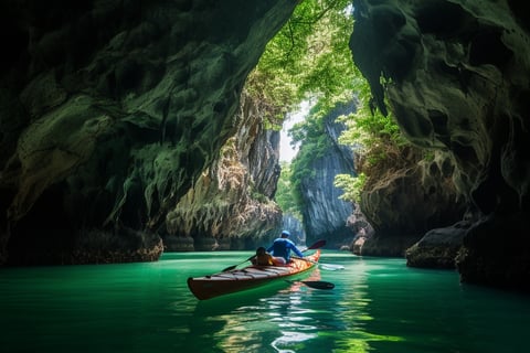 A man kayaking through a dark cave, illuminated by a soft glow from the water, surrounded by mysterious rock formations.