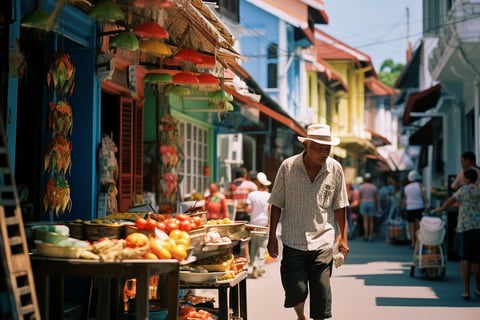 A man carrying a variety of fresh fruits and vegetables while walking down a bustling street.