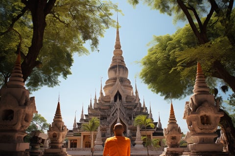 A monk in orange robes sitting in front of a pagoda.