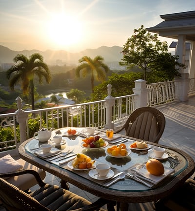 A table with breakfast on a balcony overlooking mountains.