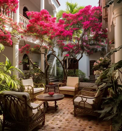 Outdoor courtyard with wicker chairs and a tree.