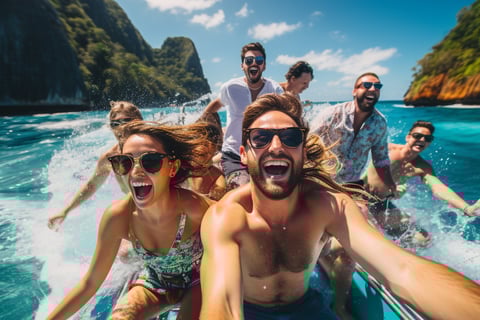 A group of friends laughing and enjoying a boat ride on the ocean.