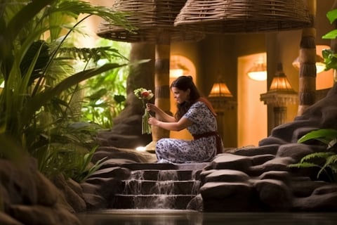 Woman sitting on stone ledge in lush tropical garden, surrounded by vibrant greenery and colorful flowers.