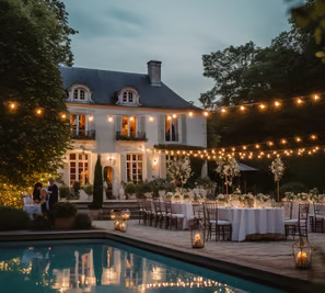 a backyard wedding reception set-up at a Mediterranean luxury villa rental  a backyard wedding reception set-up at a Mediterranean luxury villa rental