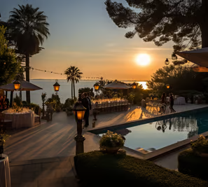 sunset view from the backyard pool and event space of an exclusive Saint-Tropez home sunset view from the backyard pool and event space of an exclusive Saint-Tropez home