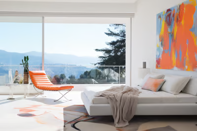 the elegant master bedroom of a luxury villa rental with French Riviera Views the elegant master bedroom of a luxury villa rental with French Riviera Views