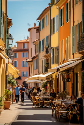 the streets of Saint-Tropez City Centre, with restaurants and shops on either side of the street  the streets of Saint-Tropez City Centre, with restaurants and shops on either side of the street