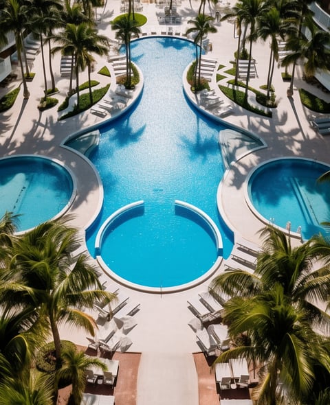 Aerial view of resort with pool and palm trees, surrounded by lush greenery and under a clear blue sky.
