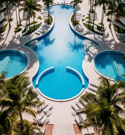 Aerial view of pool with palm trees.