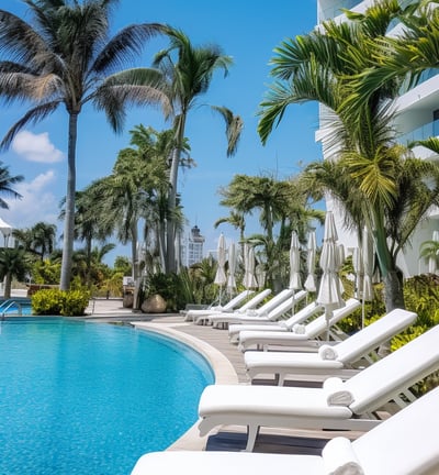 The beach club pool is surrounded by tall palm trees, creating a tropical oasis.