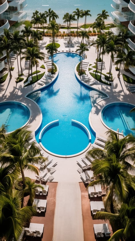 1. Beachfront resort pool with lounge chairs, umbrellas, and palm trees overlooking the ocean.