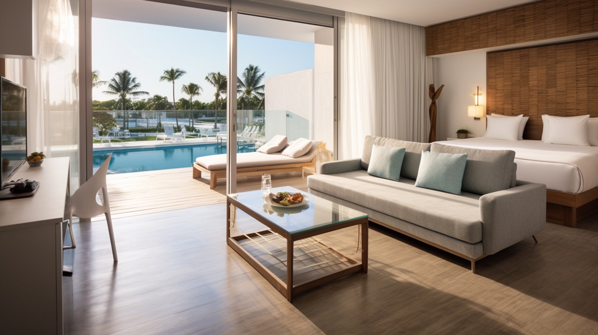 A modern hotel room with a pool and a view of the city skyline.