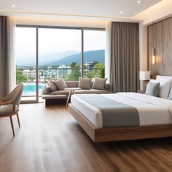 A modern hotel room with wooden floors and large windows.