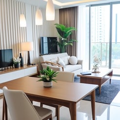1. Contemporary apartment featuring open living, dining, and kitchen areas with stylish decor.