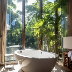 1. A spacious bathroom with a large tub and floor-to-ceiling windows.