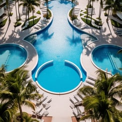 Aerial view of pool with palm trees.