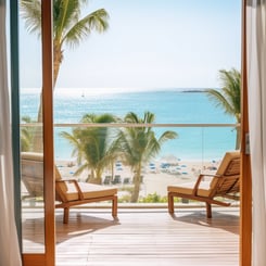 1. Ocean view from balcony overlooking sandy beach with waves crashing on shore under clear blue sky.