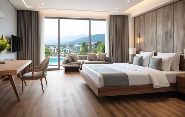 A modern hotel room with wooden floors and a large bed.