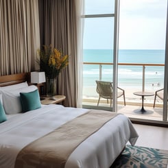 A hotel room with a bed and a beach view.