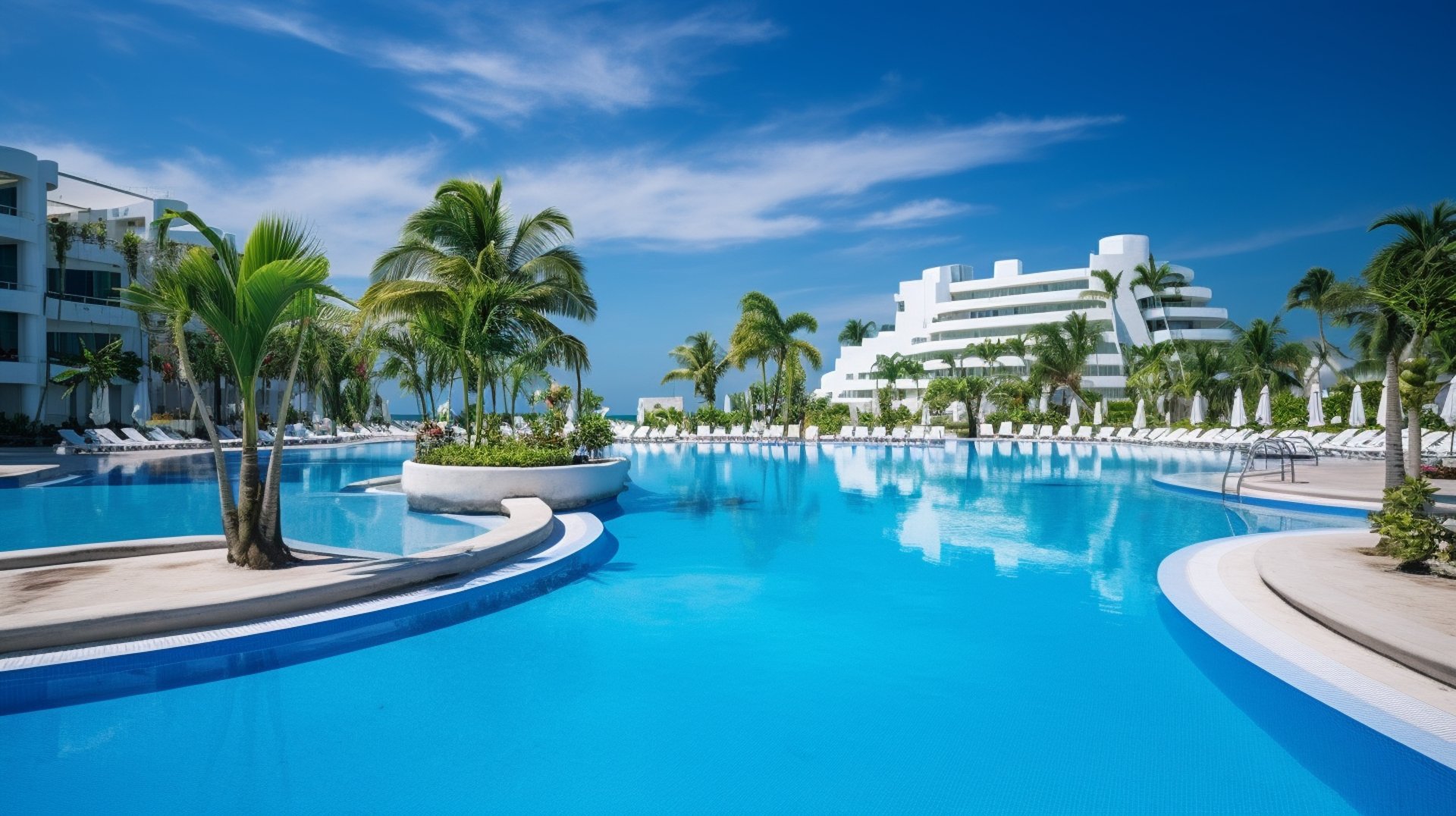 The pool at the all-inclusive resort in Mexico, surrounded by palm trees and lounge chairs, under a clear blue sky.