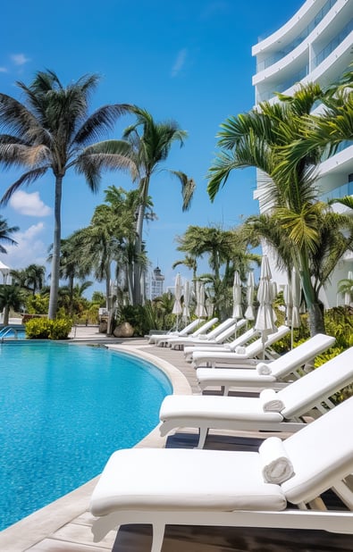 A woman in a hat stands on the beach, gazing at the ocean waves under the clear blue sky.